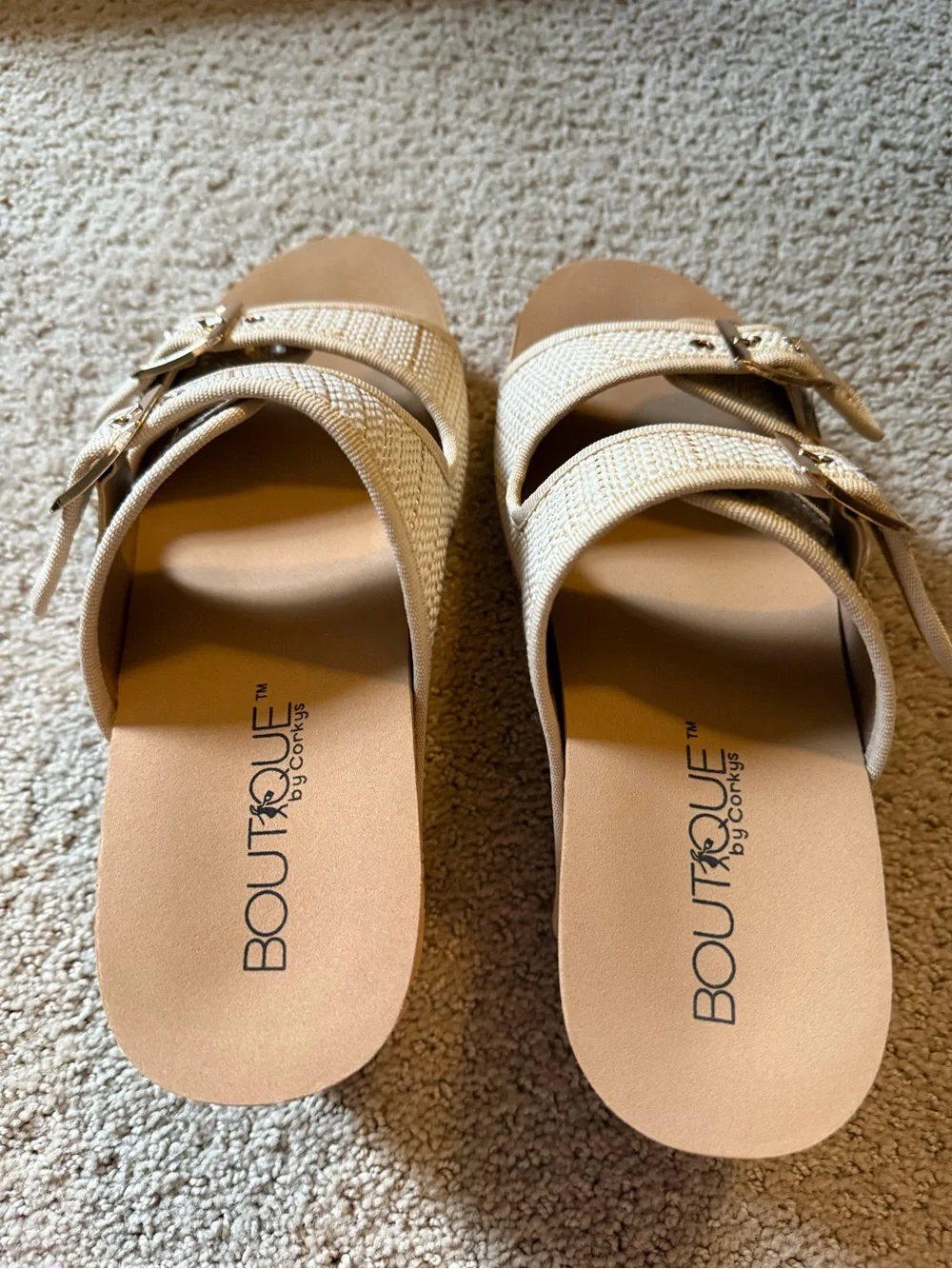 Cream Textured Wedge Sandal with Double Buckles